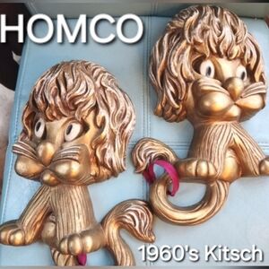 60's HOMCO 2 Retro Gold Lions Kitschy Whimsy Quirky Wall Decor Big Eyes EVC